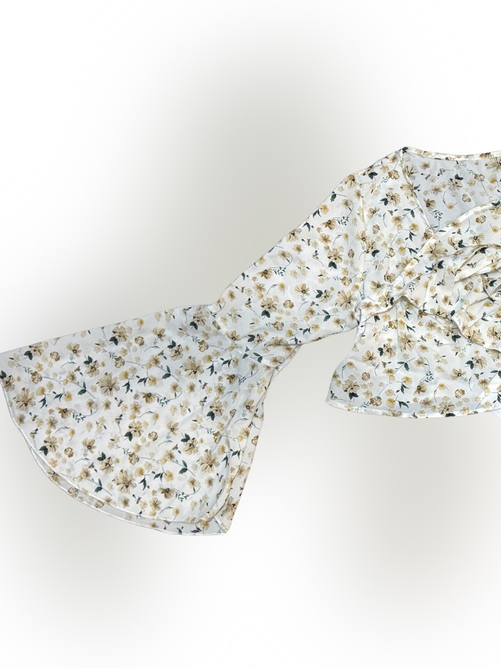 ROMWE Cream Tie Front Blouse with Mustard and Sage Floral Print & Flare Sleeves